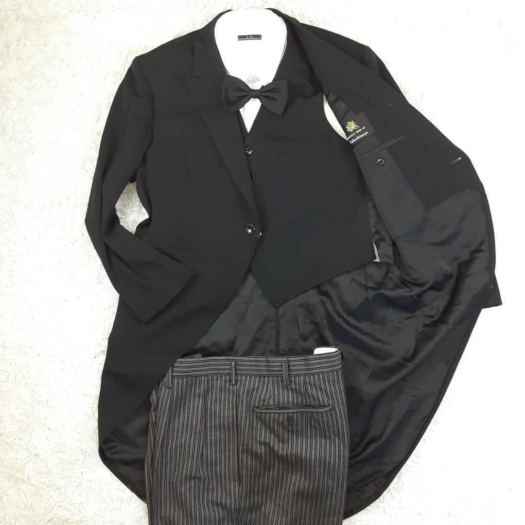 美品◎Takashimaya 高島屋 タキシード3Pセットアップ 上下 ジレ 蝶ネクタイ 燕尾服 礼服 メンズ 新郎 結婚式 コスプレ モーニング 正装 黒拍卖