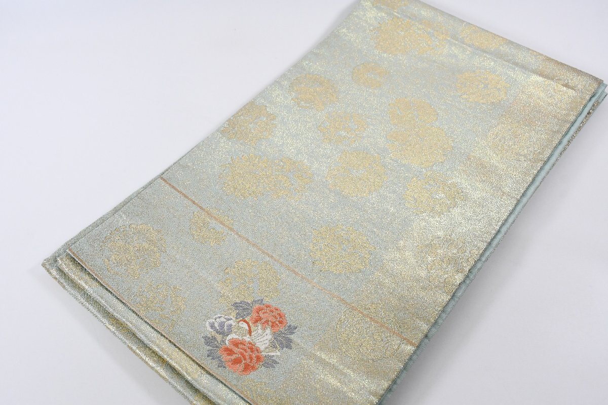 袋帯 六通柄 金糸 花 帯丈435cm ★着物屋 ne-14763 桜庭呉服店拍卖
