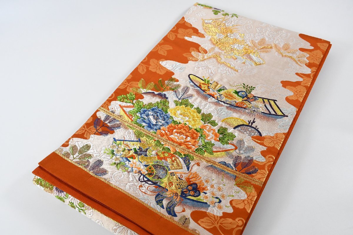 袋帯 六通柄 宝船 花 刺繍 帯丈430cm ★着物屋 ne-14816 桜庭呉服店拍卖