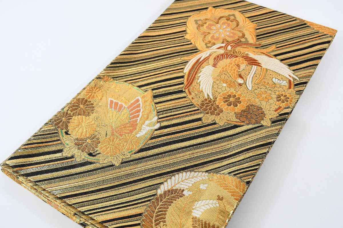 袋帯 六通柄 金糸 花 縞模様 振袖 帯丈424cm ★着物屋 ne-14778 桜庭呉服店拍卖