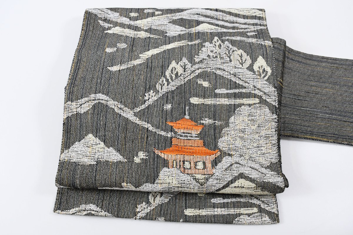 名古屋帯 京風景 自然文様 帯丈350cm ★着物屋 ne-14823 桜庭呉服店拍卖