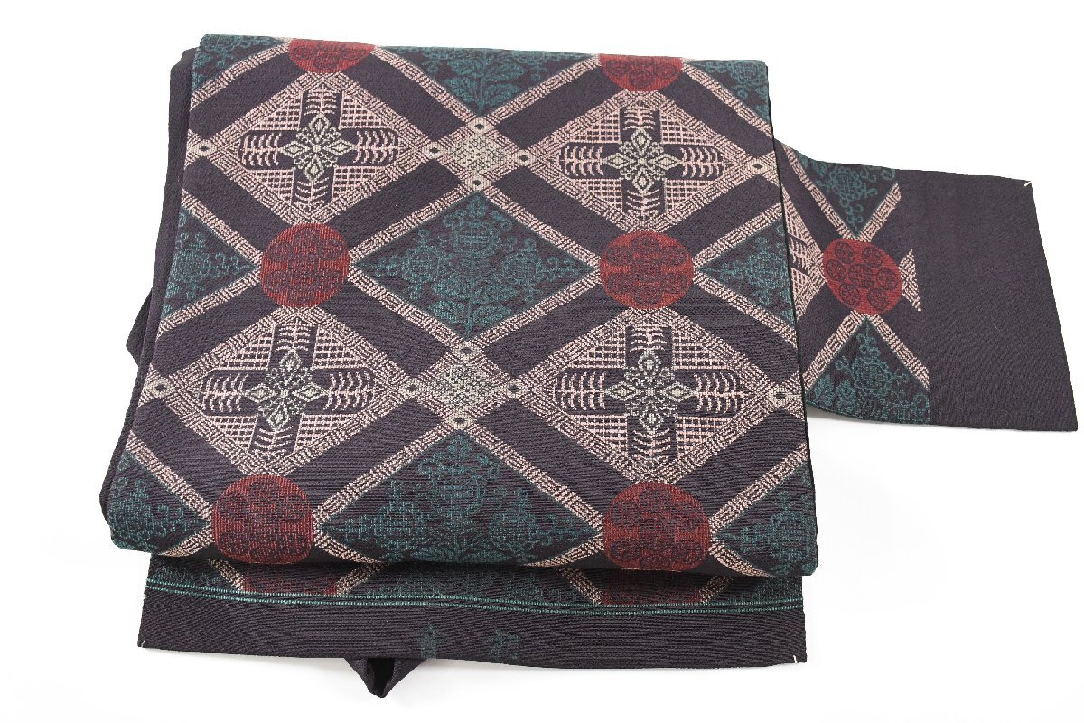 名古屋帯 アンティーク 音初 菱文 唐花文様 柔らかい帯 帯丈364cm ★着物屋 ne-15155 桜庭呉服店拍卖