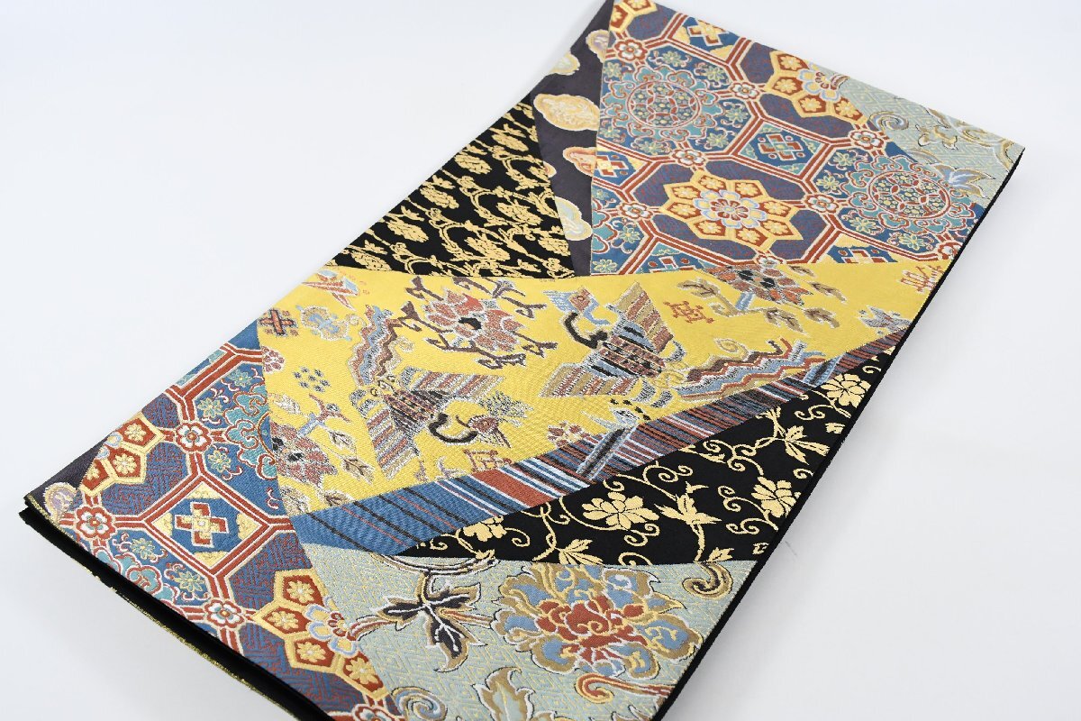 袋帯 六通柄 名物柄 割文 幾何学模様 蜀江 唐花文様 帯丈434cm ★着物屋 ne-15179 桜庭呉服店拍卖