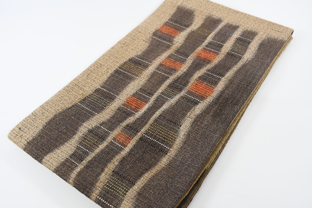 高級 袋帯 六通柄 お太鼓柄 紬地 よろけ縞 帯丈450cm ★着物屋 ne-15172 桜庭呉服店拍卖