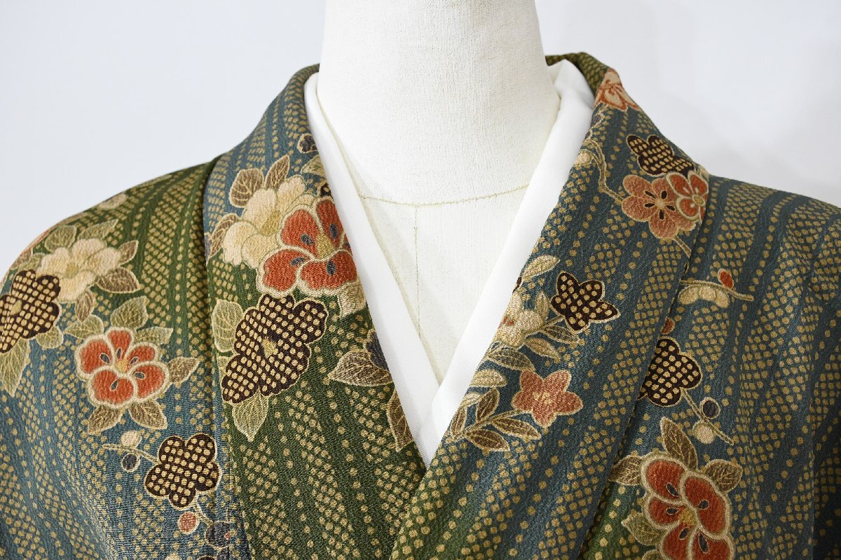 小紋 着物 袷 枝 花 椿 化繊 身丈150cm 裄丈64cm ★ kb-6786 桜庭呉服店拍卖