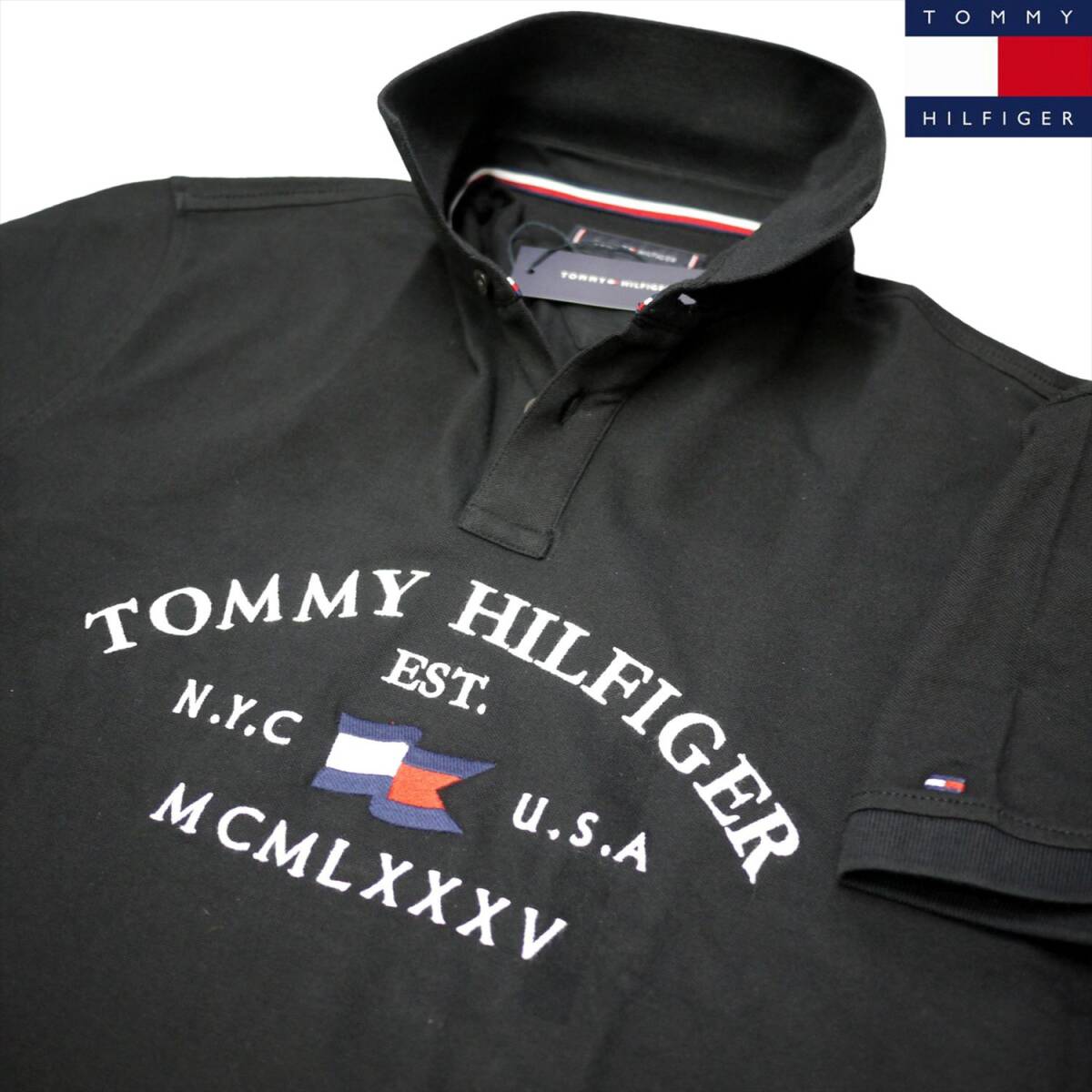 新品 トミーヒルフィガー ストレッチ ポロシャツ (M) ブラック 黒 ゴルフにも!刺繍ロゴ TOMMY HILFIGER USAモデル /25bs306拍卖