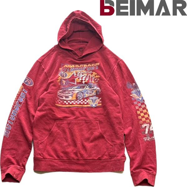 1点物◆車レース袖プリント雰囲気系スウェットパーカー古着メンズLレディースOKアメカジ90sストリートスポーツUSブランド赤エンジXL348717拍卖