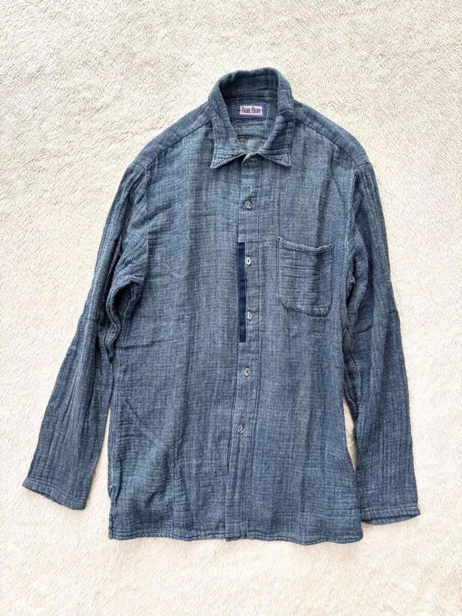 BLUE BLUE 日本製ガーゼシャツ 長袖シャツ インディゴ ブルー 切り替え ブルーブルー拍卖