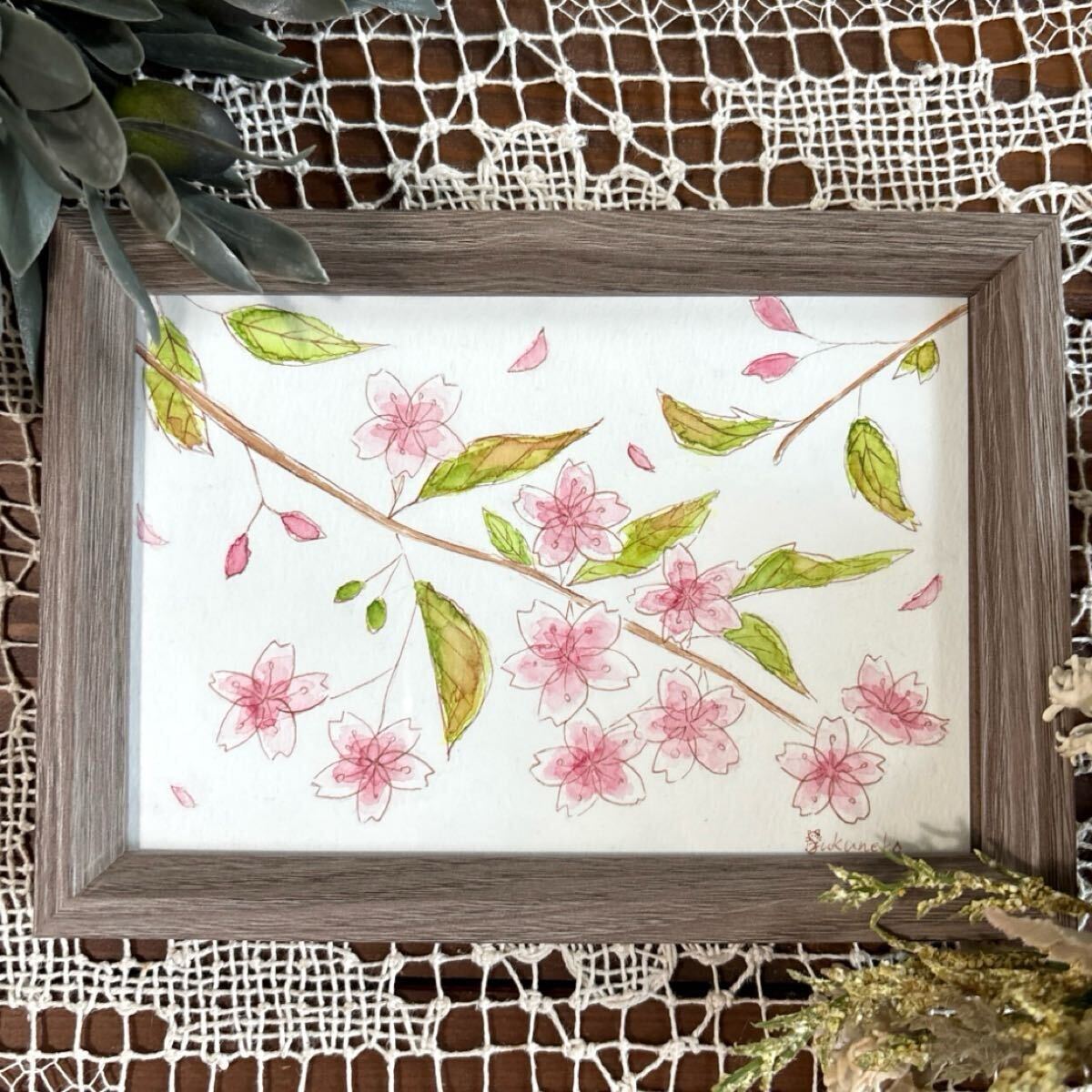 雫猫 nyago 水彩画 花 桜 サクラ 春 ボタニカルアート 絵 絵画 イラスト 手描き 画家 真作 原画 美術 インテリア アート 植物画 額装 手描拍卖