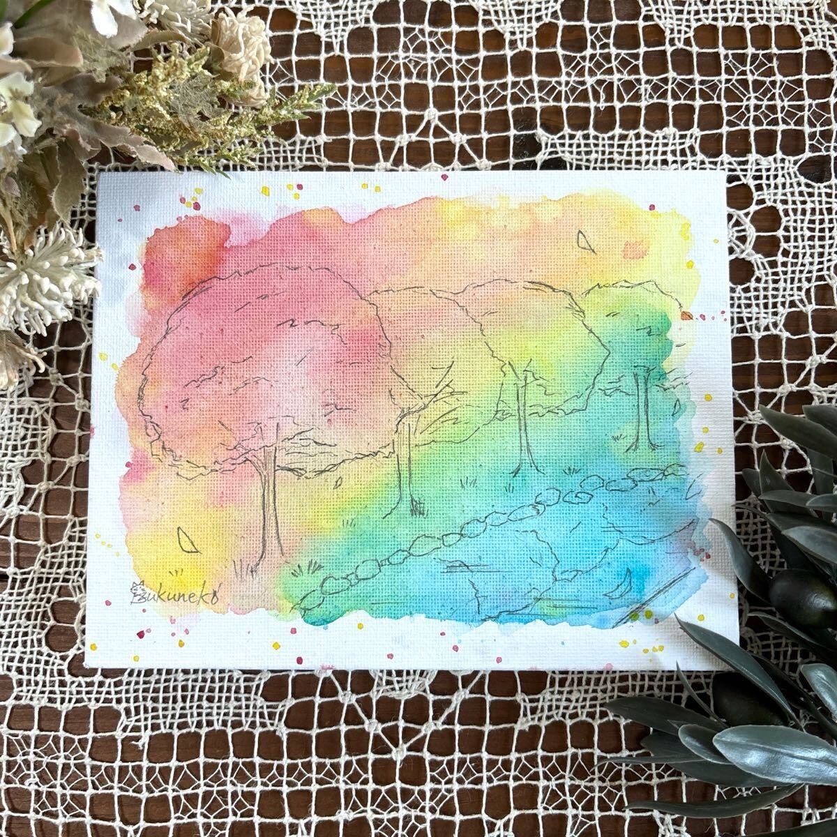 雫猫 nyago 水彩画 風景画 桜 桜並木 木 絵 絵画 イラスト 手描き 画家 真作 原画 美術 インテリア アート 植物画 額装 手描き カラフル拍卖
