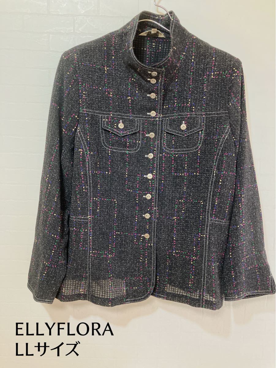大きいサイズ ELLY FLORA スタンドカラー ブラウスジャケット LL ブラックデニム風プリント 薄手 長袖 女性用 春夏 モードマルミミゾグチ拍卖