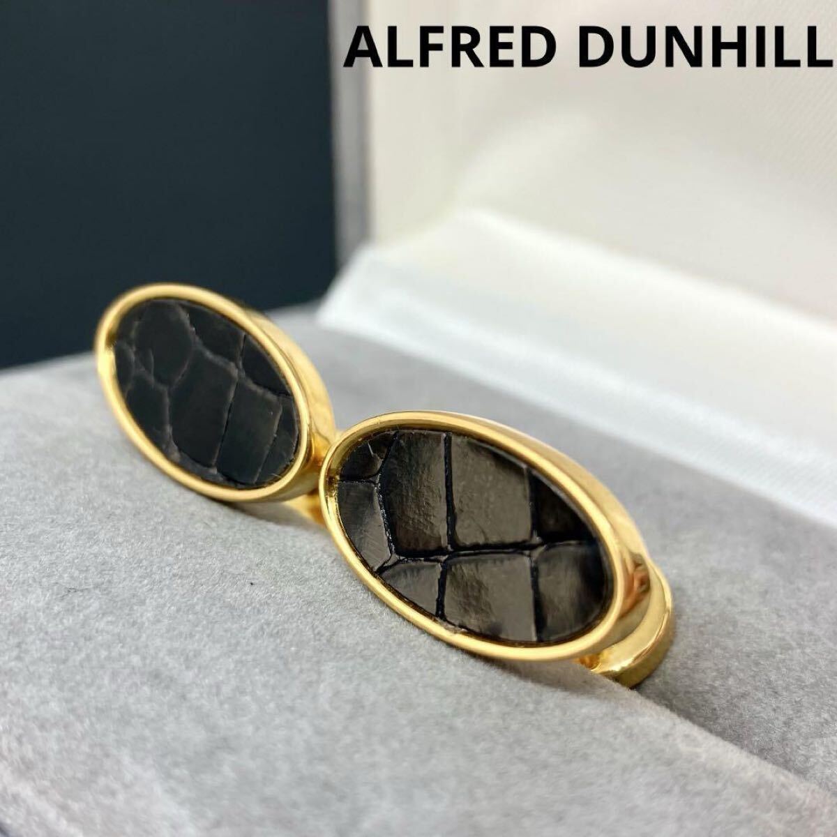 【希少】【美品】【ダンヒル】ALFRED DUNHILL アルフレッドダンヒル カフス カフスボタン レザー ブラック×ゴールドカラー(2501101000)拍卖