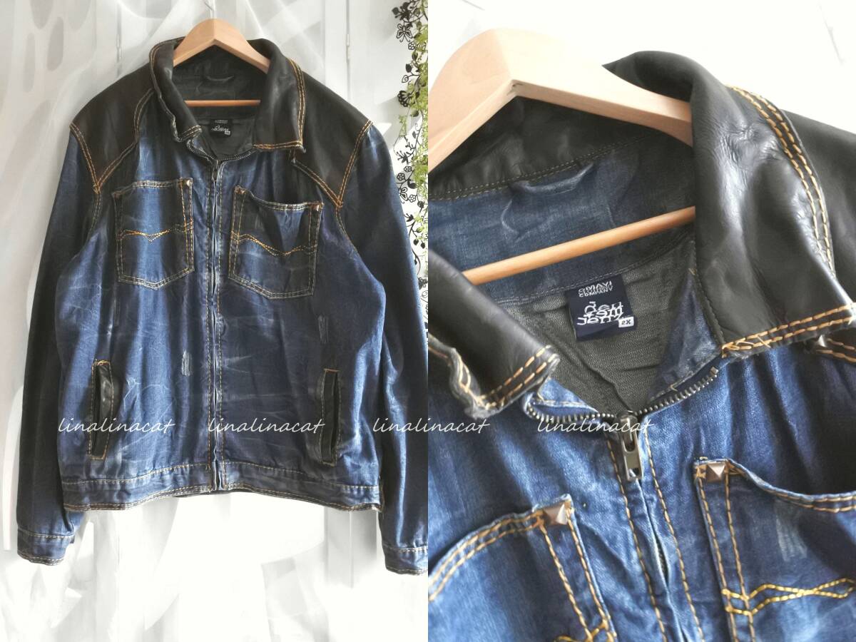 美品古着 OMAVI オマヴィ* 馬革×デニム ジャケット Gジャン 2XL ダメージ加工 フロントファスナー ウェスタン拍卖