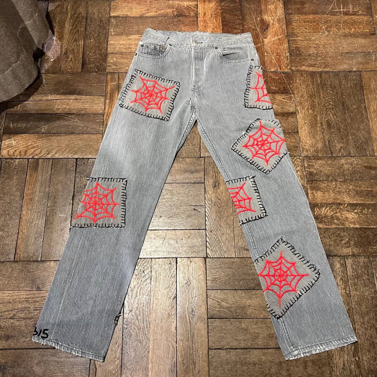 Vintage 80s Levi's 701-0119 Stripe Black 先染め ブラック 80年代 リーバイス 古着 ワッペン パッチワーク リメイク ハチマル拍卖