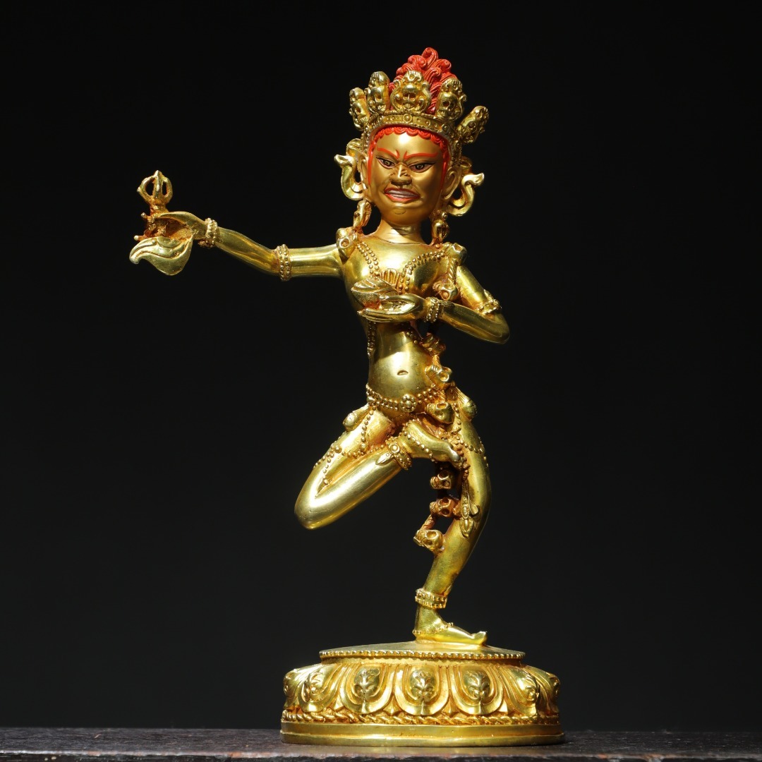 唐物 清代 銅塗金 画彩【金剛亥母】仏像 供養品 中国美術品 時代物 D64拍卖