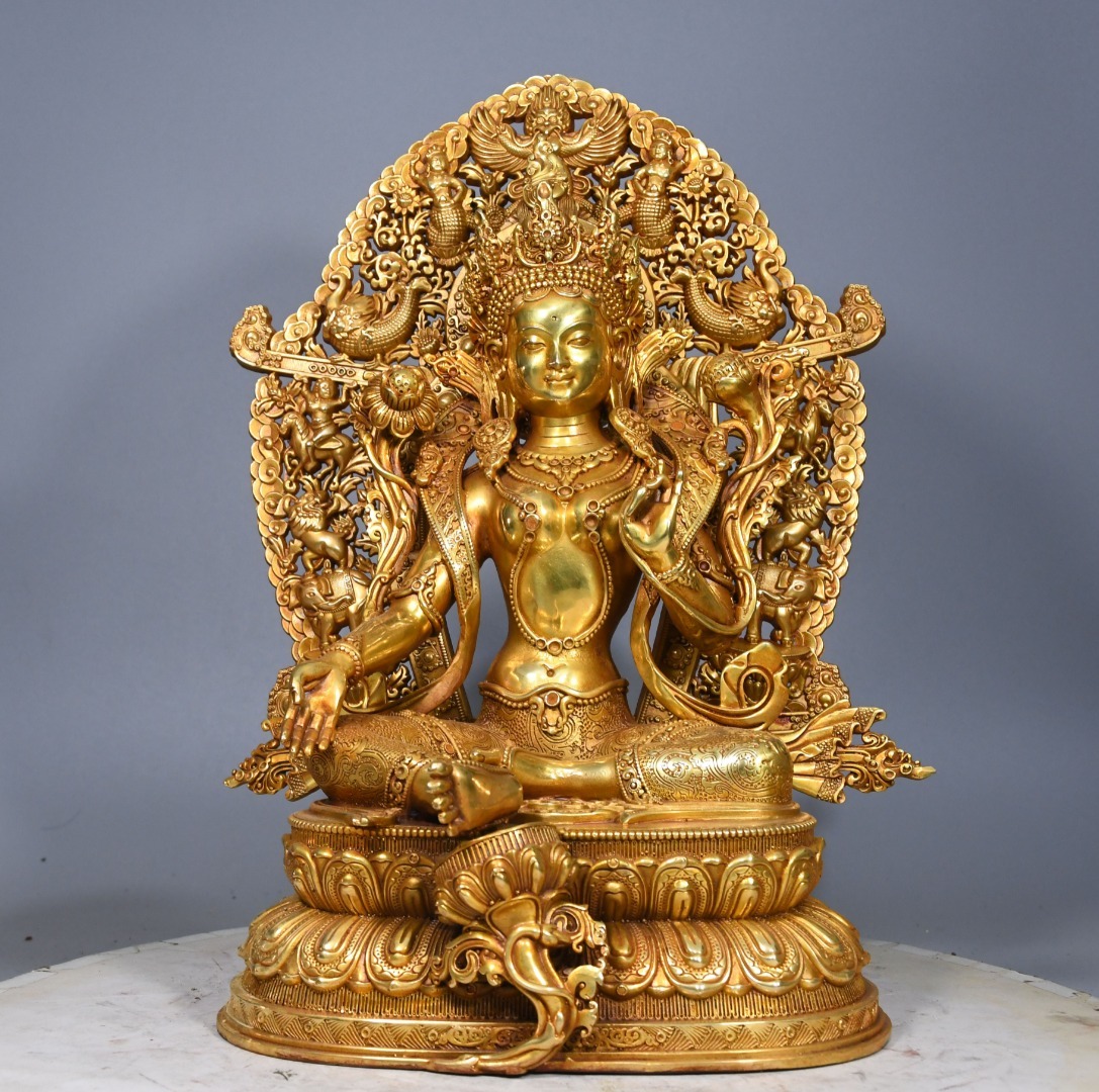 唐物 大明 永樂年製 黄銅 塗金 精工綠度母 仏像 胎體厚重 置物 中国美術品 時代物 D64拍卖