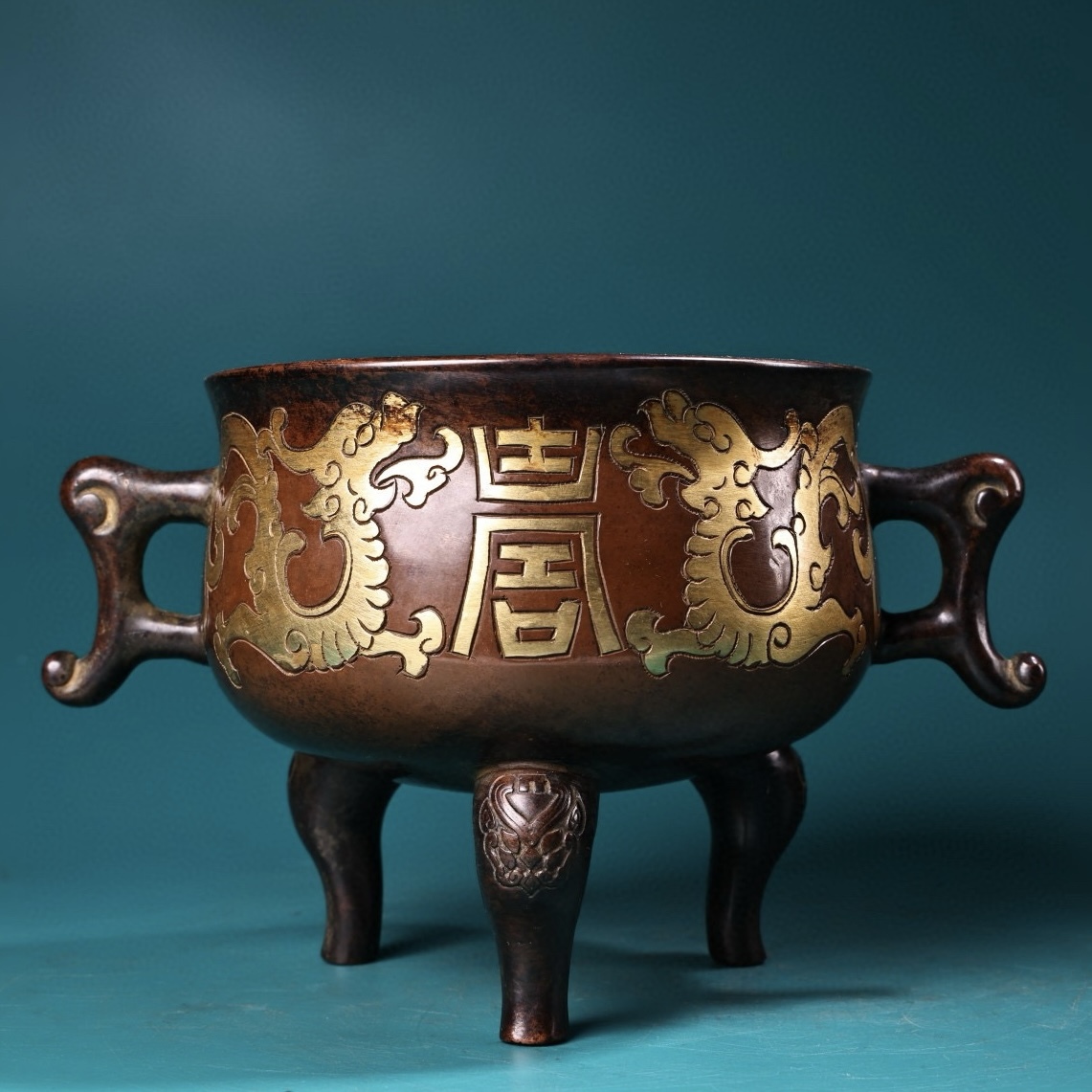 唐物 大明 宣德年製 純紫銅 純手工高浮彫 鏨刻 塗金 香炉 銅製品 銅器 極細工 中国美術品 時代物 中国古玩 骨董品 D64拍卖