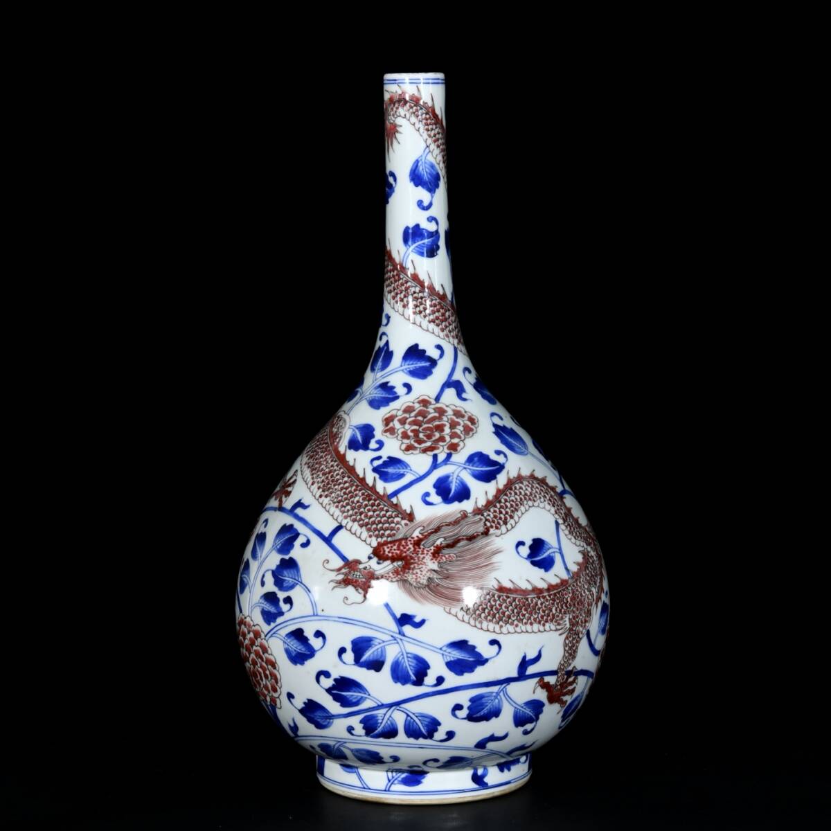 唐物 清 康熙年製 青花 釉裡紅龍紋 長頸瓶 陶芸 古陶磁器 中国美術品 時代物 D64拍卖