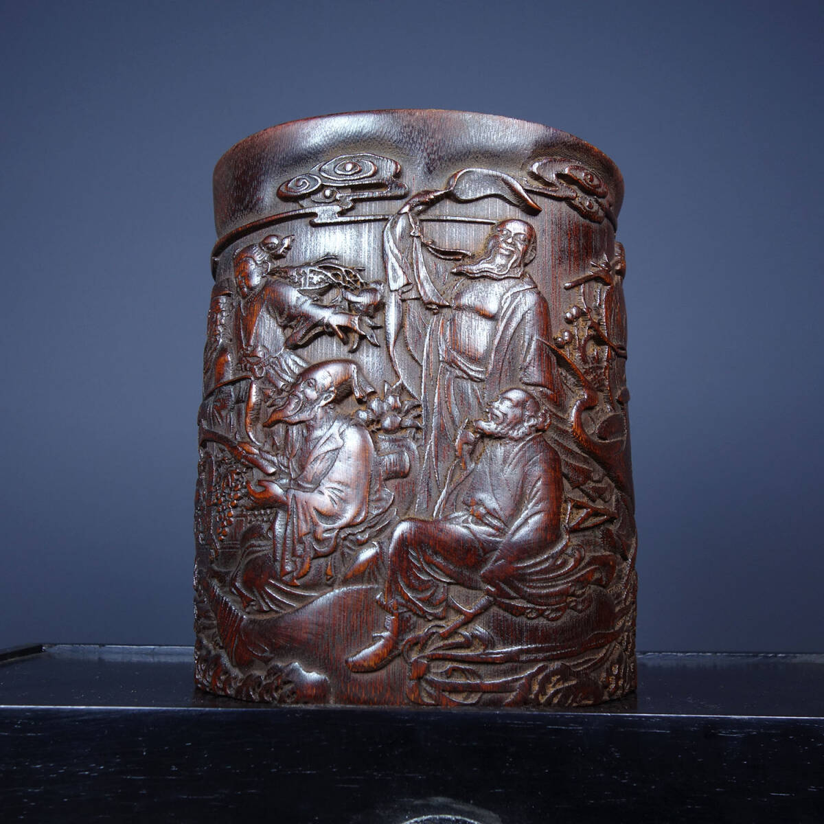 唐物 清 竹材細密彫 筆筒 八仙過海紋 筆道具 文房具 極細工 中国美術品 中国古玩 骨董品 D64拍卖