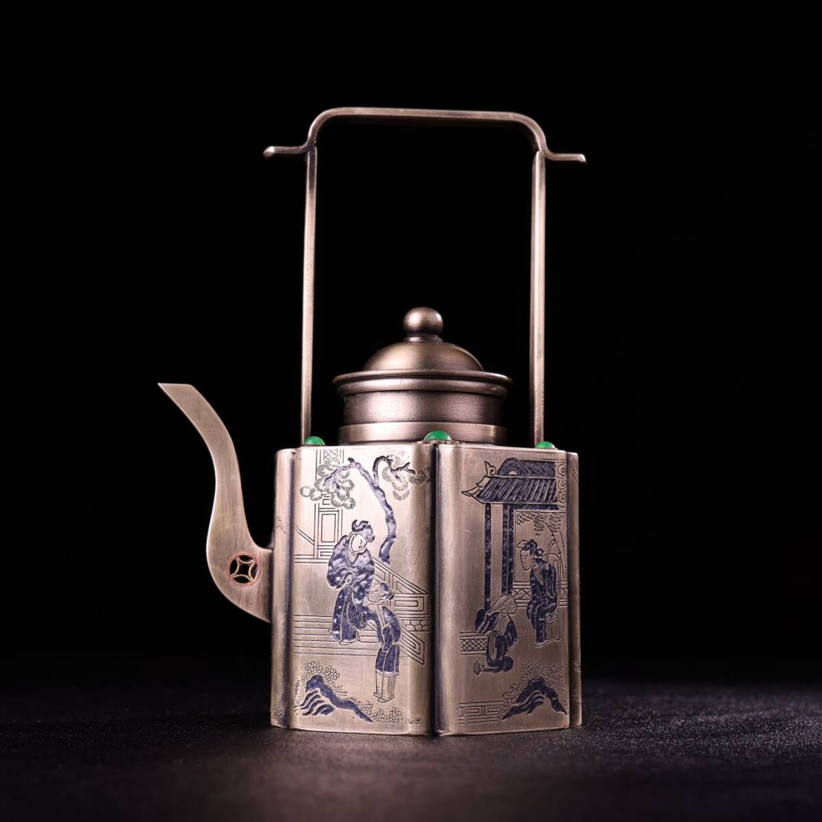 唐物 清 純銅 全銅 酒壺 純白銅 純手工打造 モザイク寶石 酒壺 極細工 古美術品 古美味 骨董品 D64拍卖