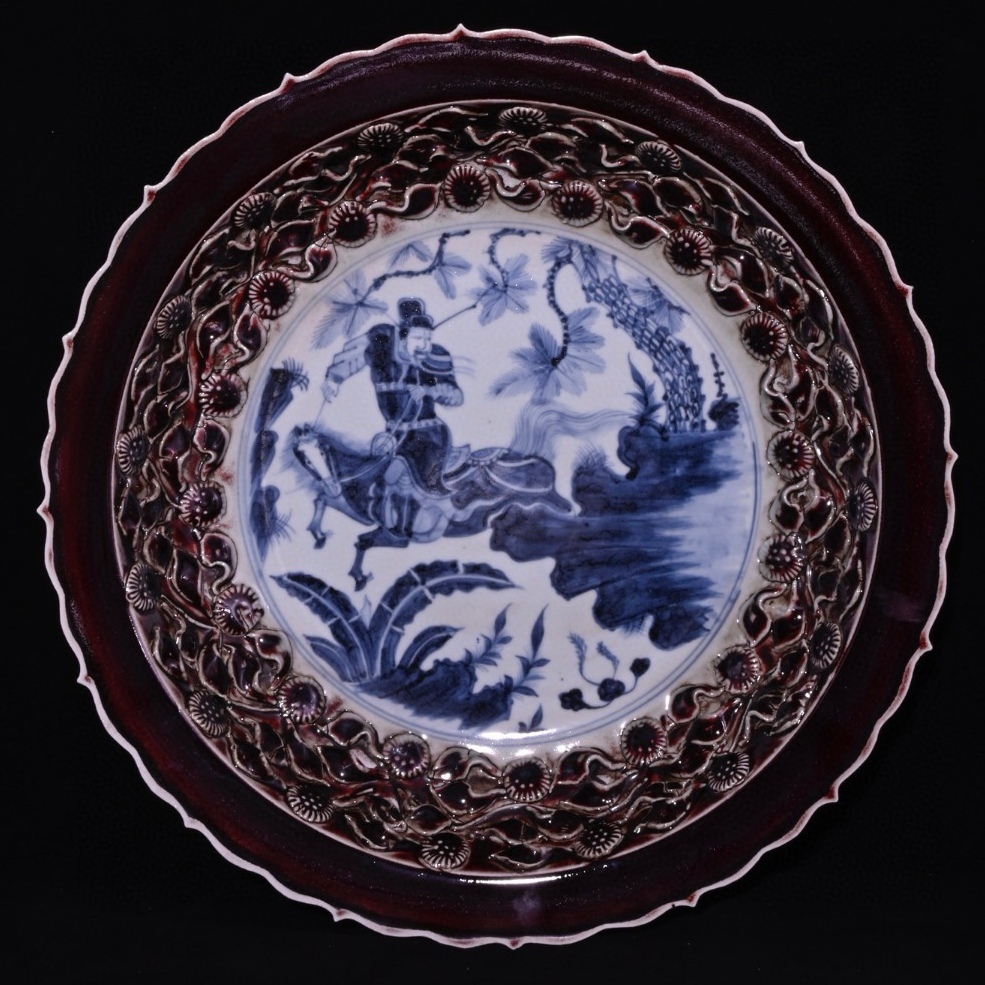 唐物 元 祭紅釉 捏化青花 蕭何月下追韓信 人物故事紋 賞盤 陶芸 磁器 古陶磁器 中国美術品 時代物 中国古玩 骨董品 D64拍卖