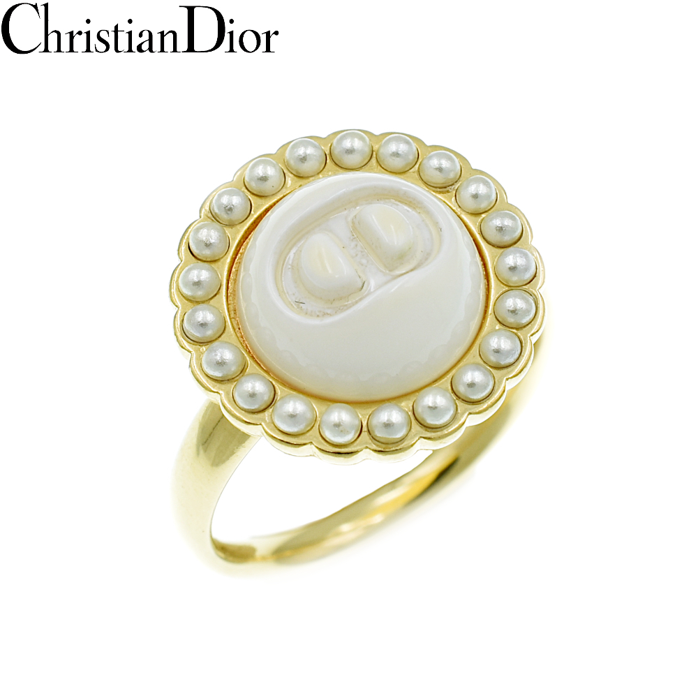 【A02477】Christian Dior クリスチャンディオール プチCDバロック メタル レジンパール リング 指輪 ゴールド×ホワイト拍卖