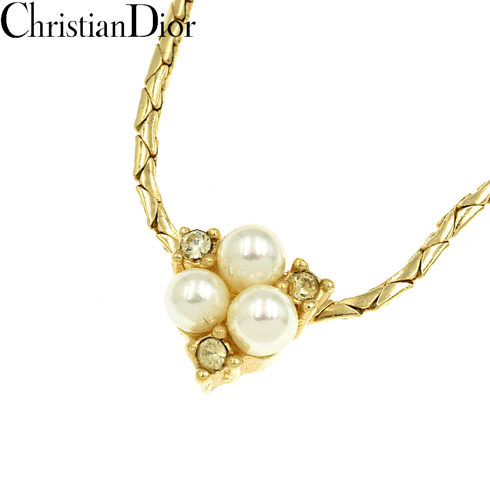【A02671】Christian Dior クリスチャンディオール フェイクパール×ラインストーン ネックレス ゴールド拍卖