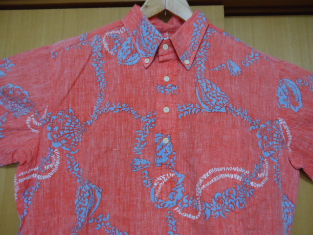 即決 ハワイ reyn spooner レインスプーナー ヴィンテージ アロハシャツ 赤色 貝殻 レイ柄 M60 ゴールドタグ拍卖