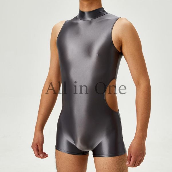 169-204-25 メンズ ツヤツヤ サイドカット ジャンプスーツ【グレー,Mサイズ】男性 コスプレ 光沢 サテン セクシー ボディスーツ .1拍卖