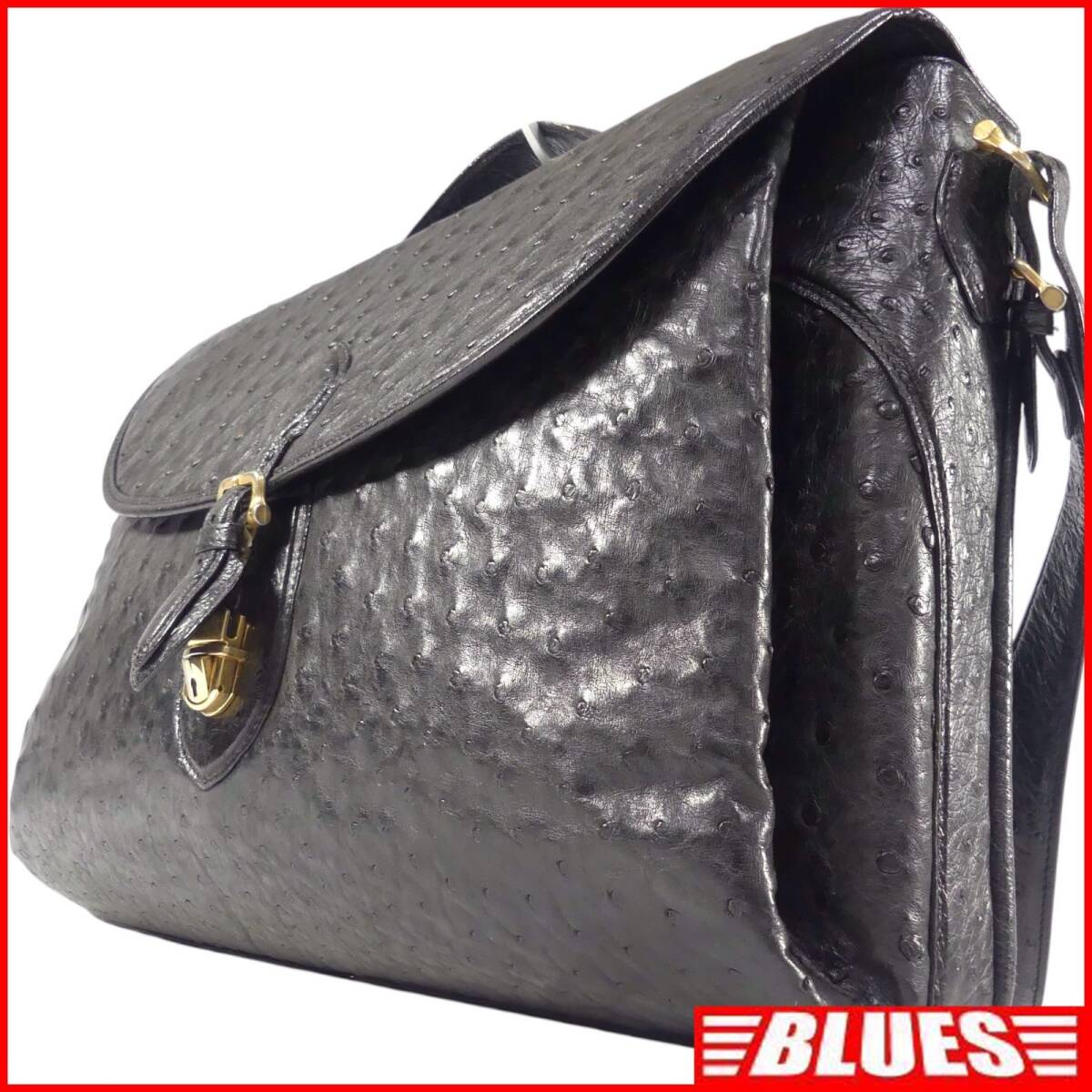 即決★N.B.★オールレザービジネスバッグ メンズ 2way オーストリッチ型押し 黒 ショルダーバッグ 本革 ブリーフケース 本皮 通勤 出張 鞄拍卖