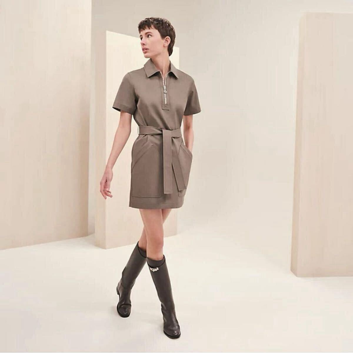 新品タグ付き エトゥープ シャツドレスHERMES サイズ34 ひざ丈ワンピース拍卖