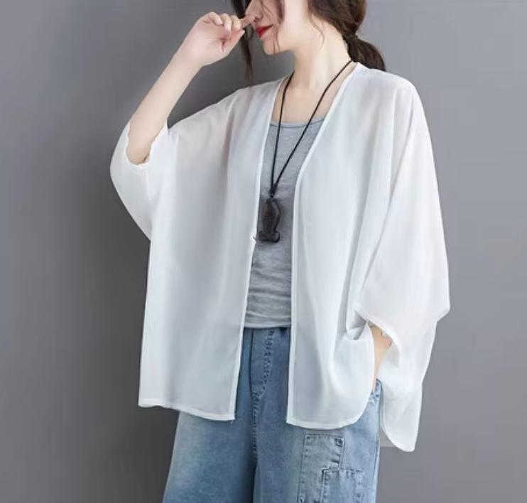 新品難あり 無地シフォンカーディガン 透け感あり 涼しい ゆったり 白 free30拍卖