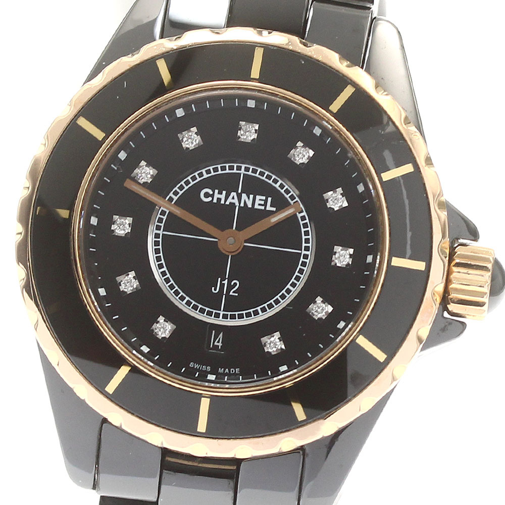 シャネル CHANEL H2543 J12 33MM 黒セラミック 11Pダイヤモンド YGベゼル クォーツ レディース _876132拍卖