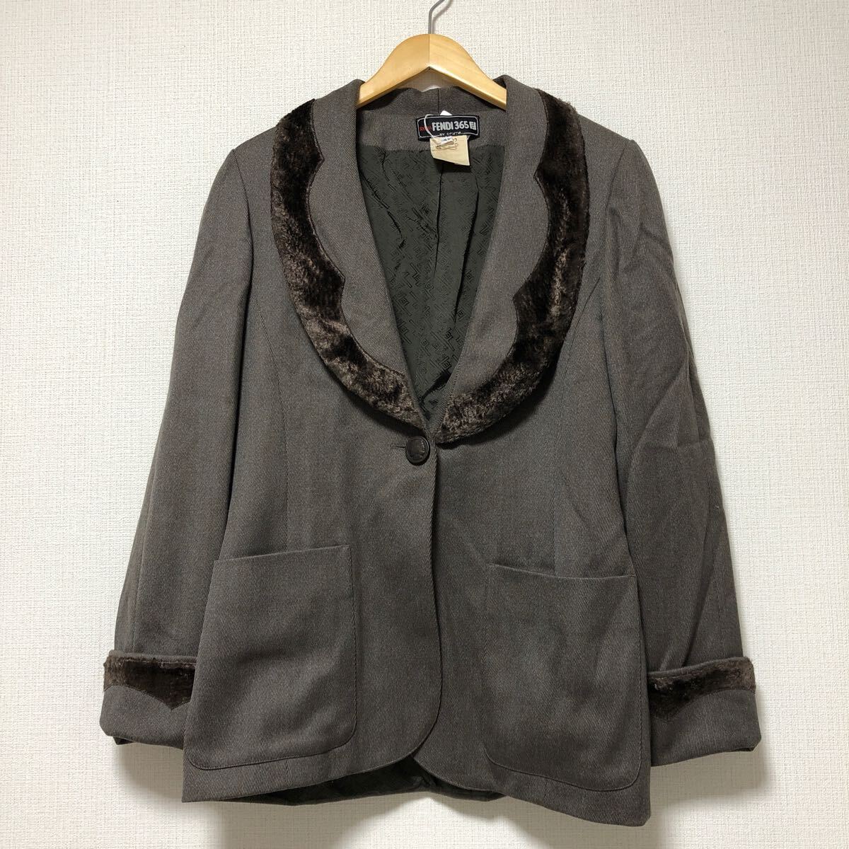 (k) VINTAGE ROMA FENDI 365 ベロアファー 切り替え ウールジャケット 42 レディース イタリア製 ブラウン 茶 拍卖