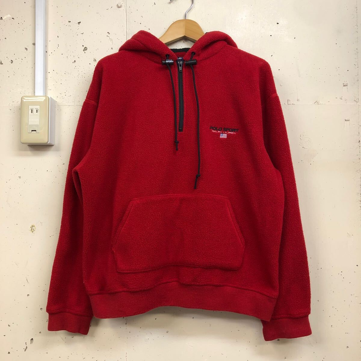 90s 90年代 POLO SPORT RalphLauren ラルフローレン フリース プルオーバー パーカー USA製 サイズM 赤 レッド 拍卖