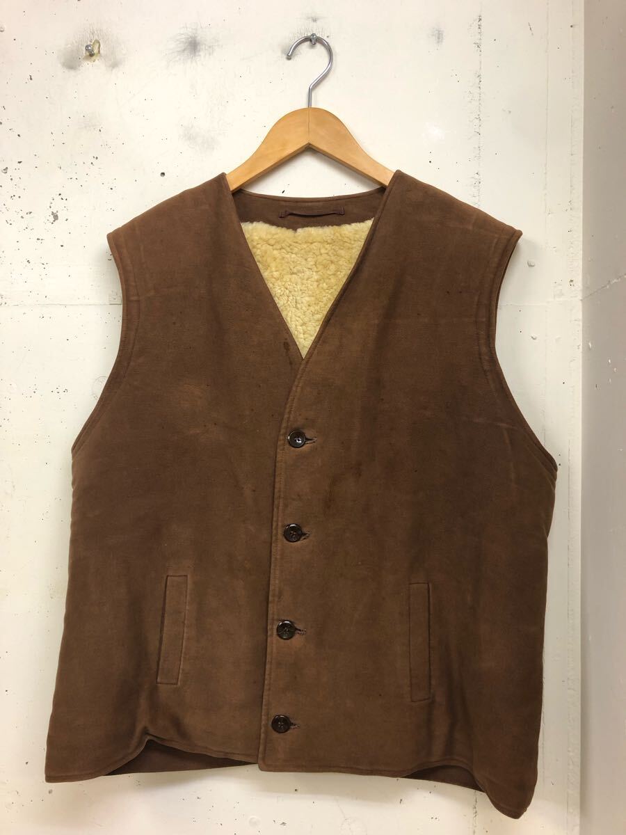 50s weidnerドイツ モールスキン ムートン ベスト 茶 48 ユーロ古着 本革 革ベスト ハンティング拍卖