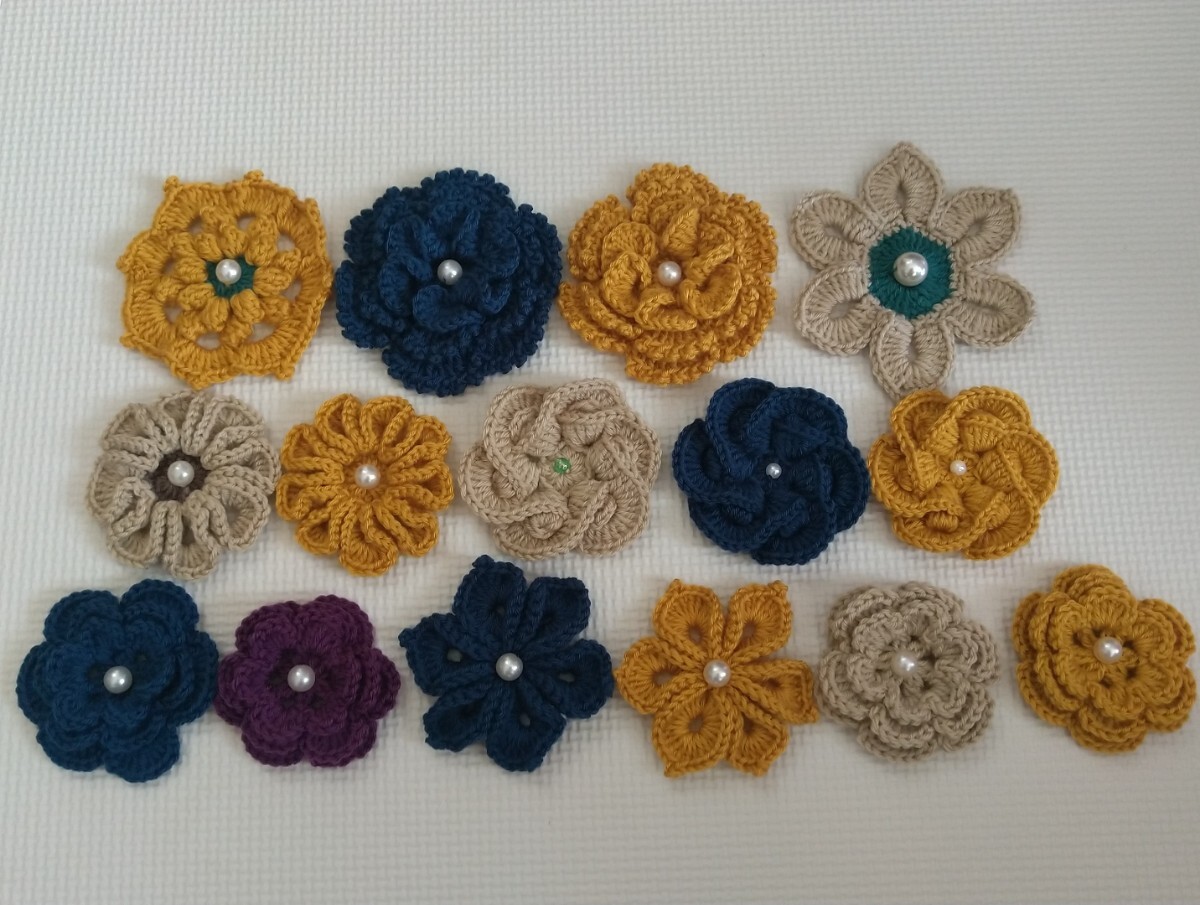 ② ハンドメイド モチーフ 花モチーフ かぎ針編み 編み物 手芸 パーツ DIY 花 アップリケ ブローチ コサージュ レース編み拍卖