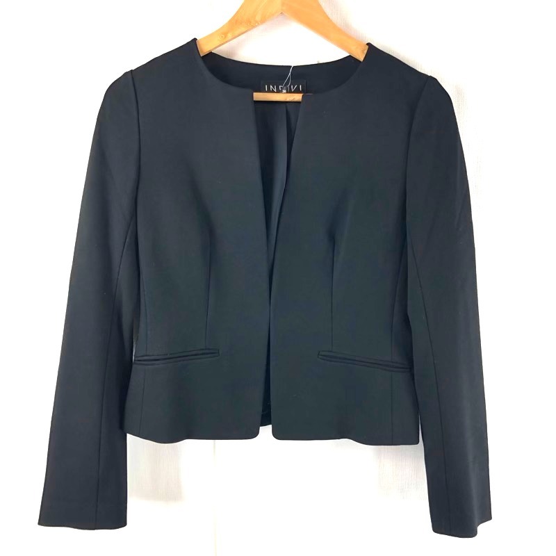 インディヴィ INDIVI ジャケット フォック 飾りポケット 袖スリット 日本製 黒 36サイズ 800513拍卖