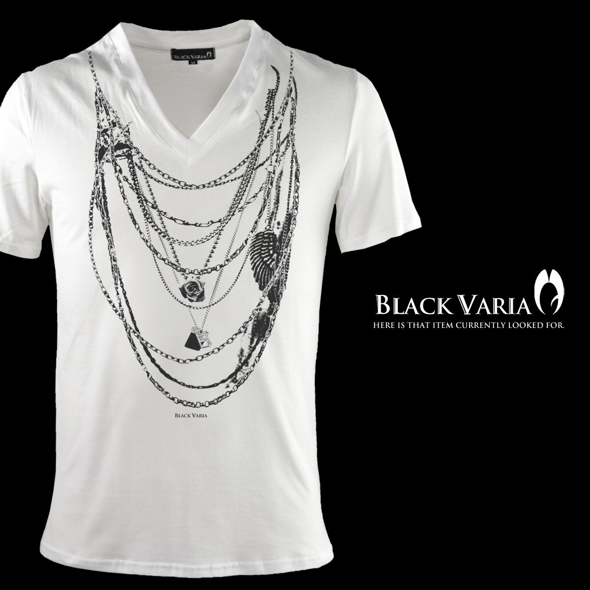 zkk049-wh BLACK VARIA ネックレス だまし絵 チェーン 綿100% 半袖 Vネック Tシャツ メンズ(ホワイト白) XL プリント 細身 VT VTシャツ拍卖