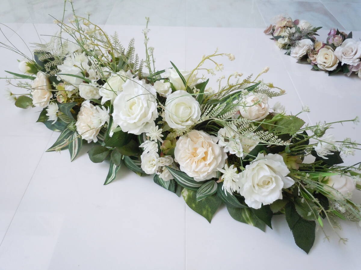 ◆ナチュラル ホワイト&グリーン 90cm テーブル装花◆ウエディング メインテーブル装花 高砂 結婚式場 フラワーアレンジ ウエディング装花拍卖