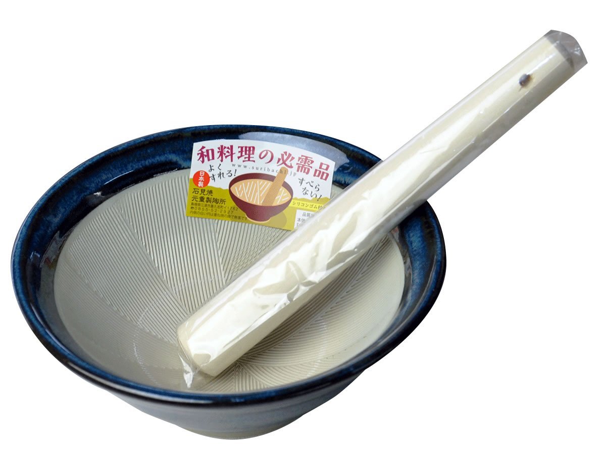 元重製陶所 石見焼 すり鉢 すりこ木 すりばちセット テーブルを傷つけない シリコン 底 10号 (直径31cm・すりこぎ付) 青なまこ すべり拍卖