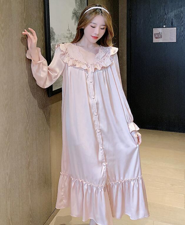 新入荷エレガント ネグリジェサテン系 ロング丈 フリル姫系 上質 ナイトドレス大人可愛いルームワンピセクシー ナイトウェアワンピースXL拍卖