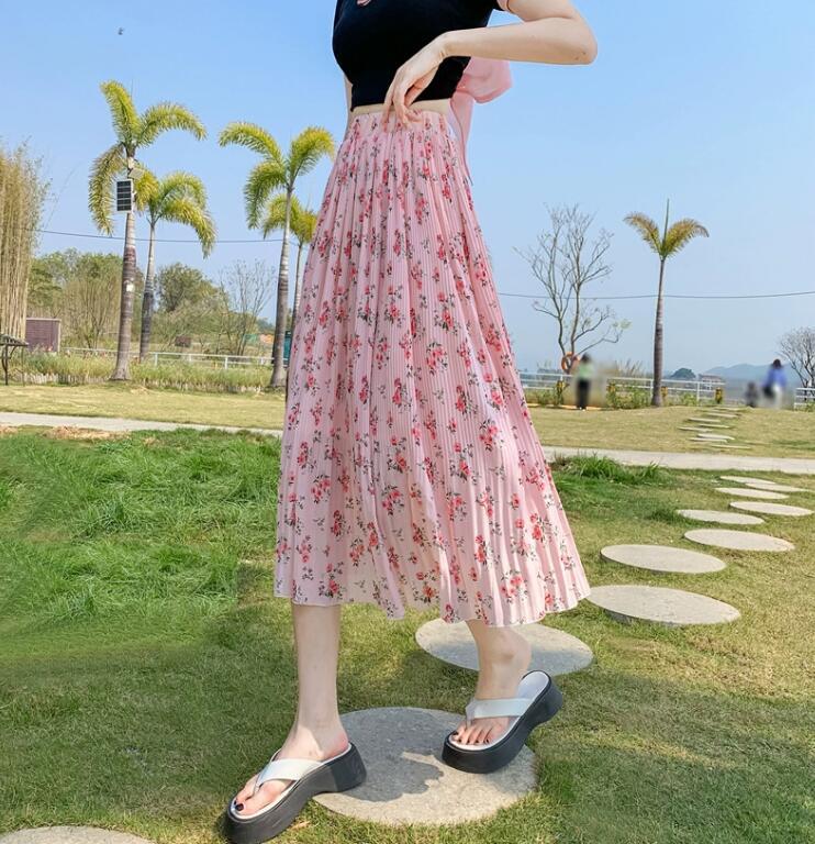 新入荷ロングスカート フリル シフォン 花柄 かわいい ガーリー フリー ピンクお色選択可拍卖