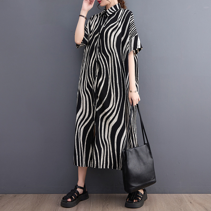 新入荷Fサイズ夏新品 シャツワンピース プリント柄 レディース ロングワンピース ドルマン袖 体型カバー マキシ丈黒拍卖