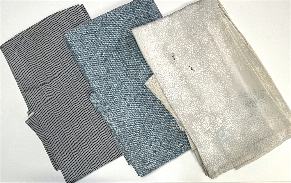 花とら●リサイクル着物 単衣 3枚まとめて リメイク 素材 細工用 紅梅 傘 鳥 縞 250407拍卖