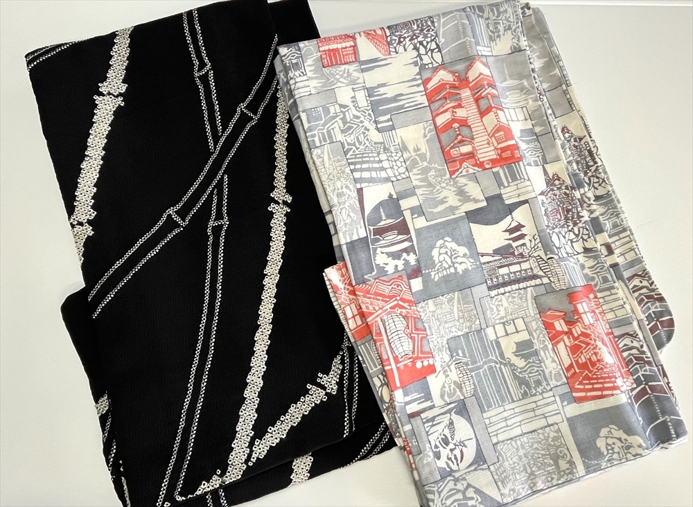 花とら●リサイクル着物 小紋 2枚まとめて 黒 絞り 楊柳 紬地 着用可能 リメイク 素材 250404拍卖