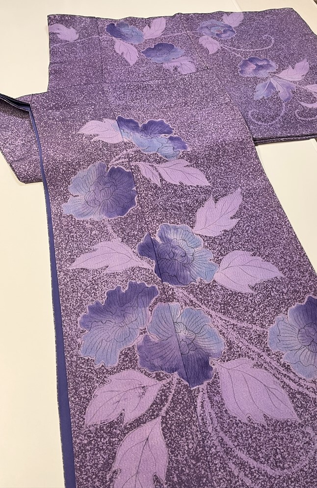 花とら●リサイクル着物 訪問着 紫 たたき染 辻が花風 美品 リメイク 素材 250412拍卖