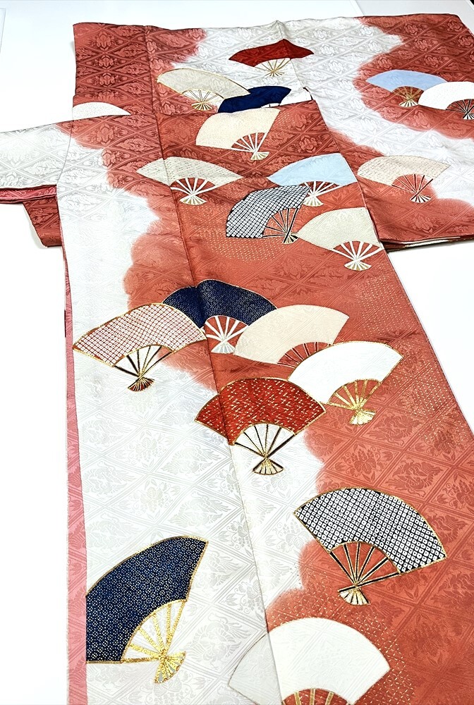 花とら●リサイクル着物 訪問着 白地 サーモンピンク暈し 扇 リメイク 素材 250412拍卖