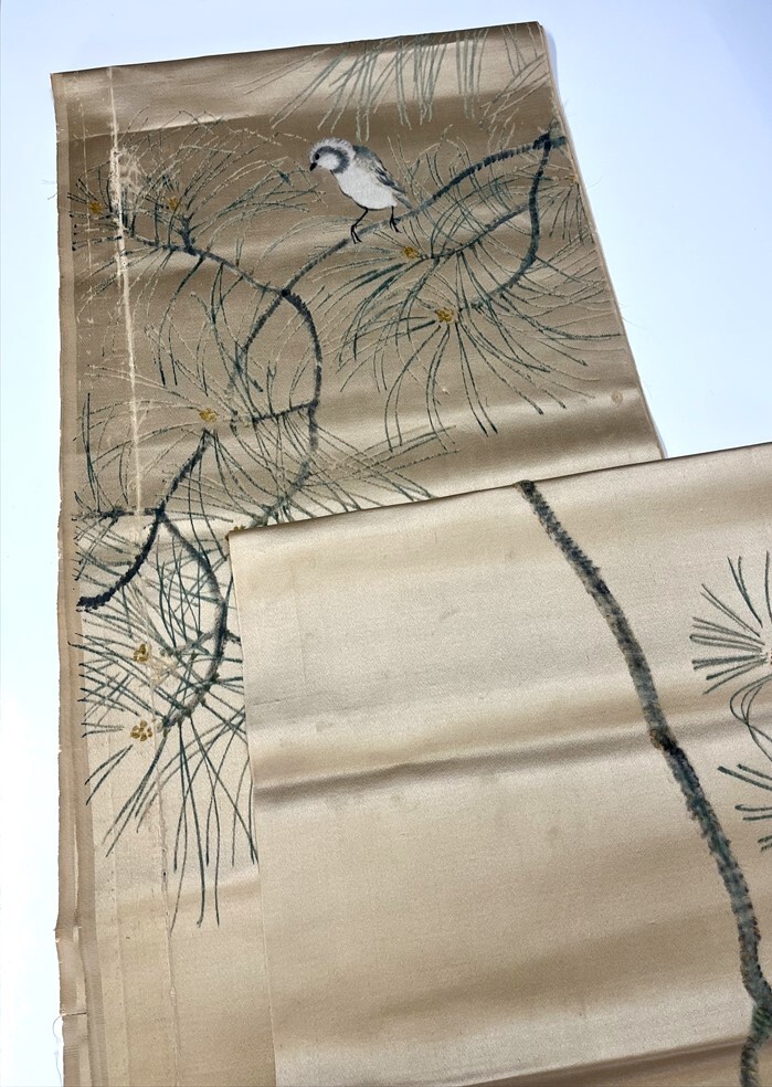 花とら●リサイクル帯地 金ベージュ 地描き 松 鳥 リメイク 素材 250315拍卖