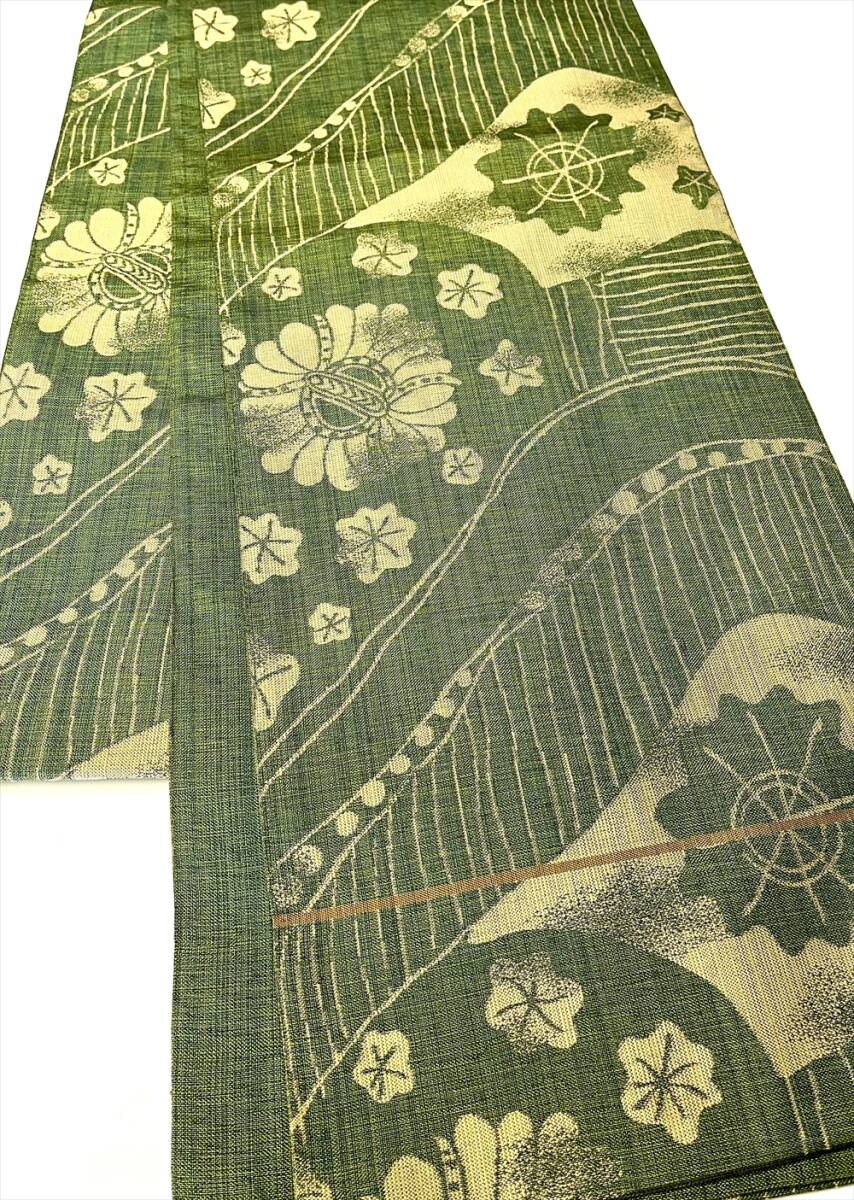 花とら●リサイクル帯 袋帯 緑 モダン 楓 洒落帯 250404拍卖